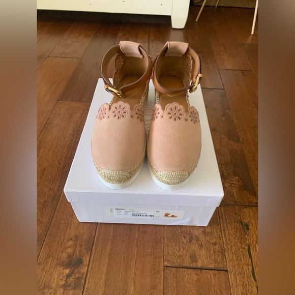 NEW See By Chloe Glyn Espadrille Ankle Sandals Suede Shoes Sz 37 Cipria blush - Picture 3 of 7